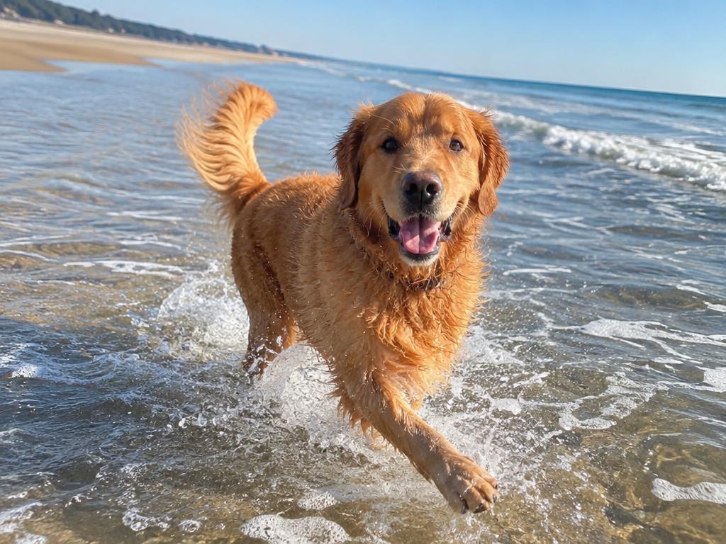 A dog running on the beach